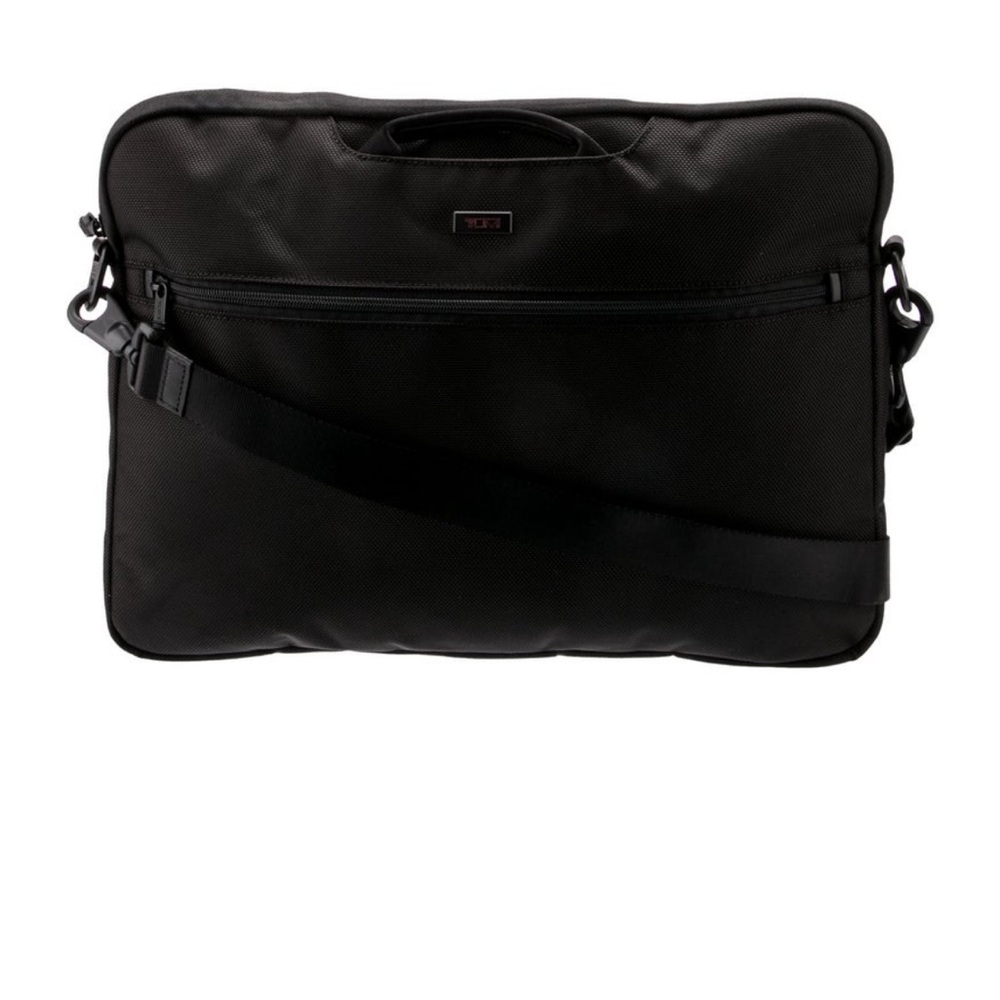 Tumi Black Laptop Bag with Adjustable Strap and Minimalist Design
